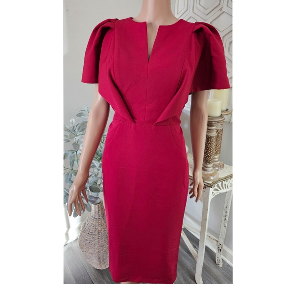 TS Couture Deep Red Ruffled Angel Sleeve Knee Length Sheath Dress - Picture 5 of 9